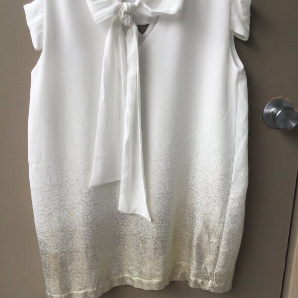 Cream & Gold Midi Dress with Back Tie – Size Large | Cutout Detail, Lined - Picture 3 of 6